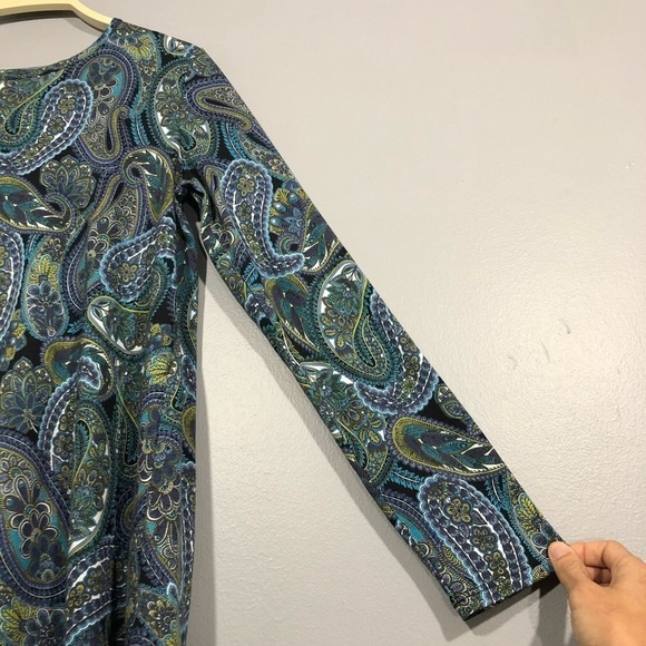 JJill Women TShirt Tunic Size XS Paisley Smocked Long Sleeve Blue Green Retro - Picture 7 of 11